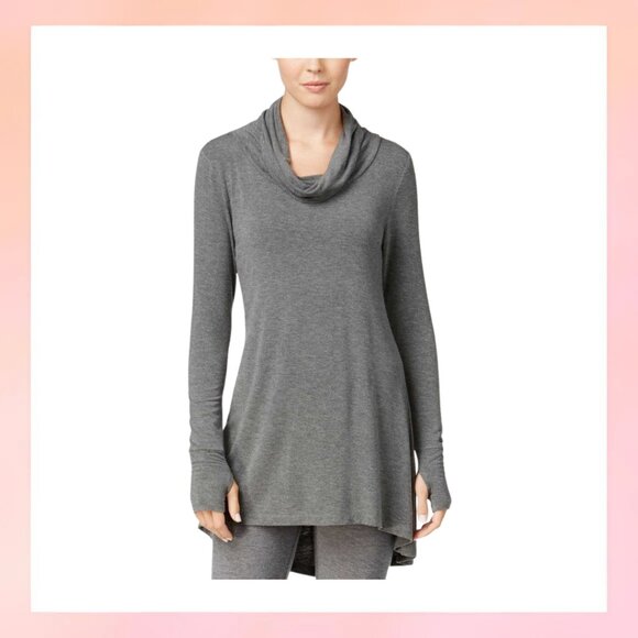 Soft Knit Cowl Neck Tunic Sweater Top Dark Gray Asymmetrical Hem - Picture 1 of 6